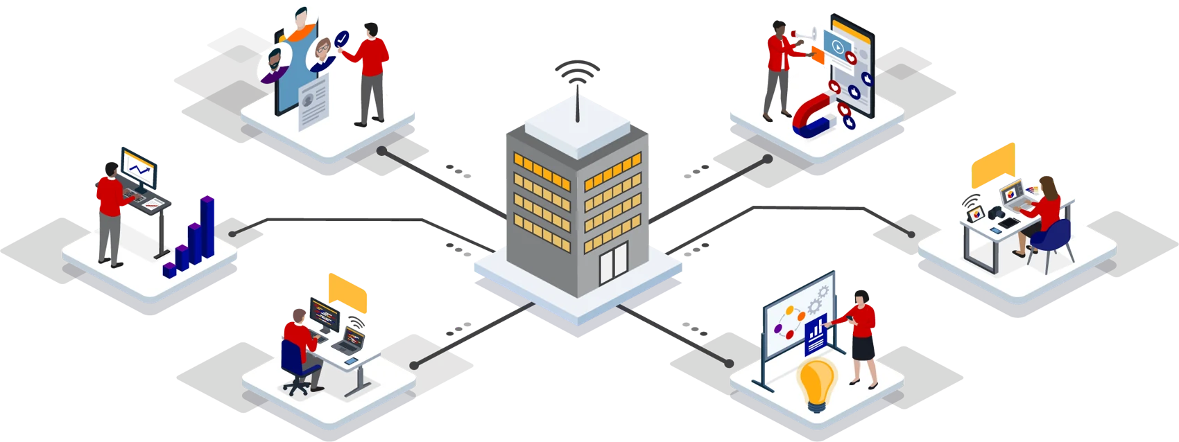 Diseño isométrico original de Narrartis Communications: personas, medios y herramientas de comunicación conectadas
